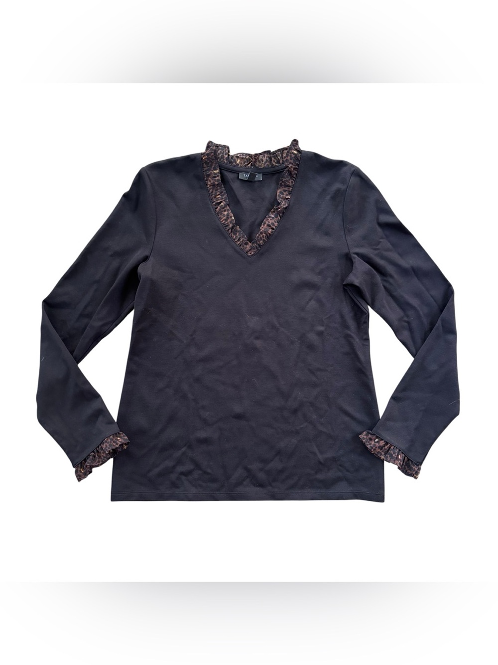 Talbots Black Long-Sleeve V-Neck Top with Leopard Ruffle Trim